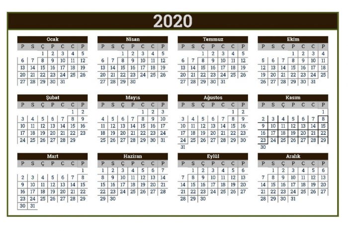 2020 yılı takvimi calendar